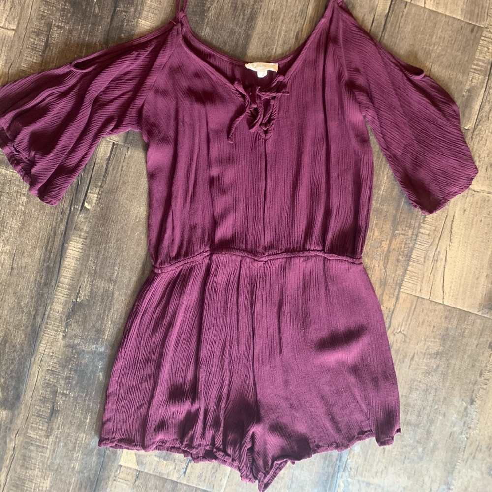 LA Hearts burgundy cold shoulder lace up romper